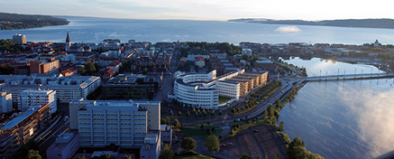 Drone photo with campus in the foreground and Jönköping and Lake Vättern in the background 