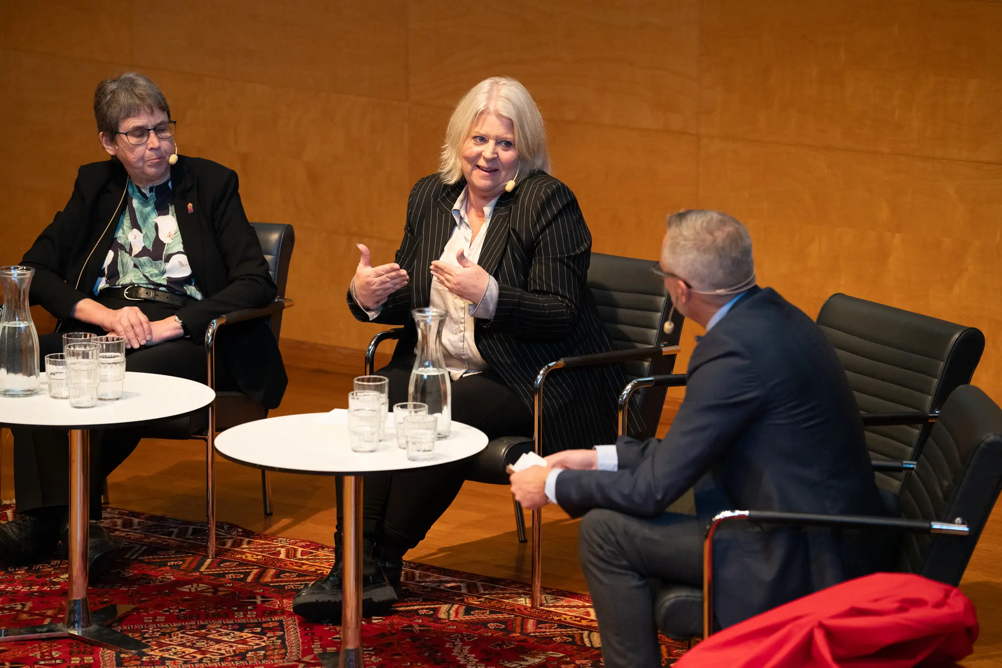 Socialtjänstministern diskuterar och gestikulerar med händerna under ett panelsamtal