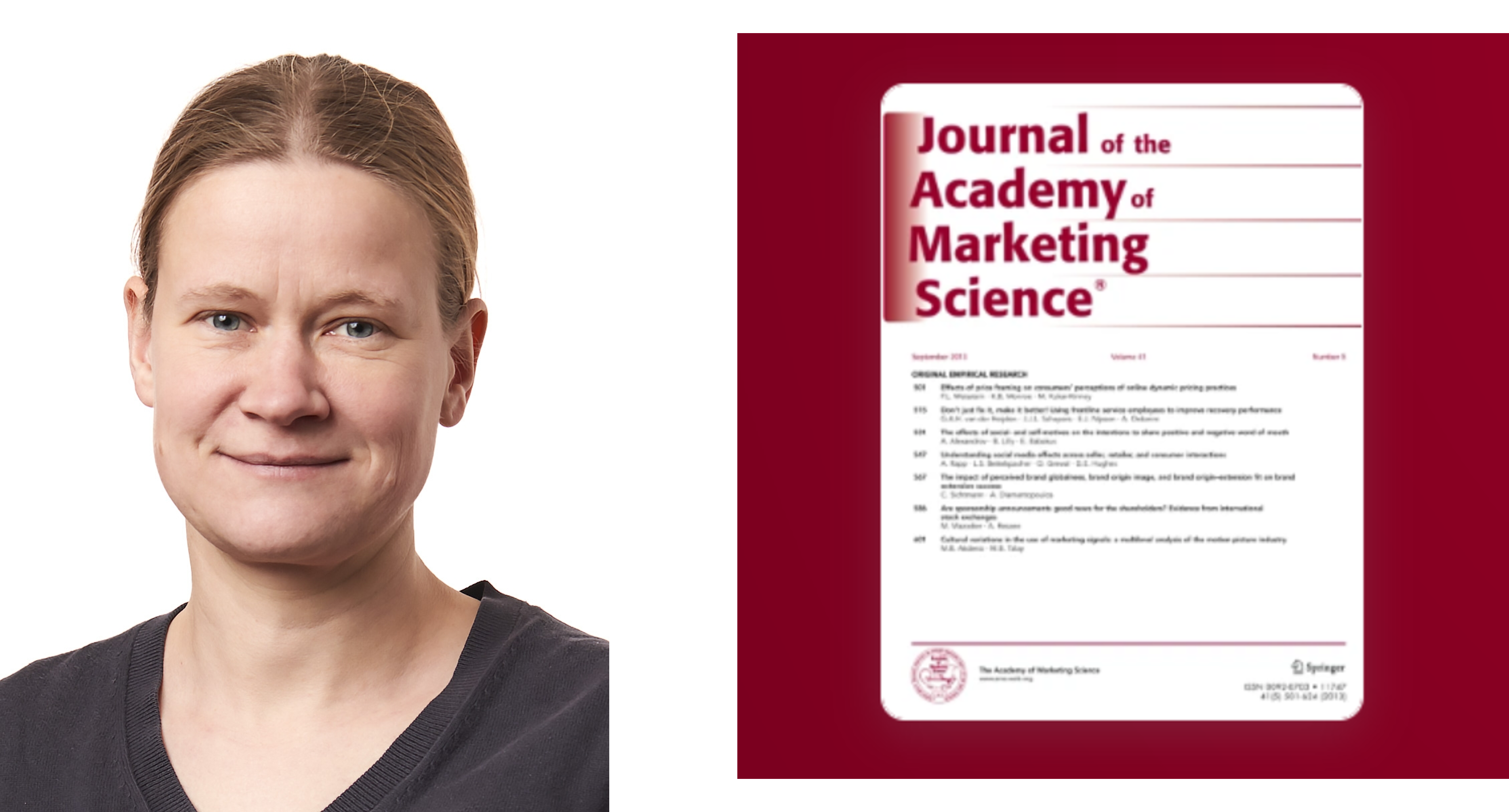 Woman smiling at camera and journal article cover