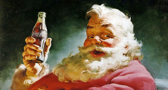 Illustration av en glad jultomte med coca cola-flaska i handen