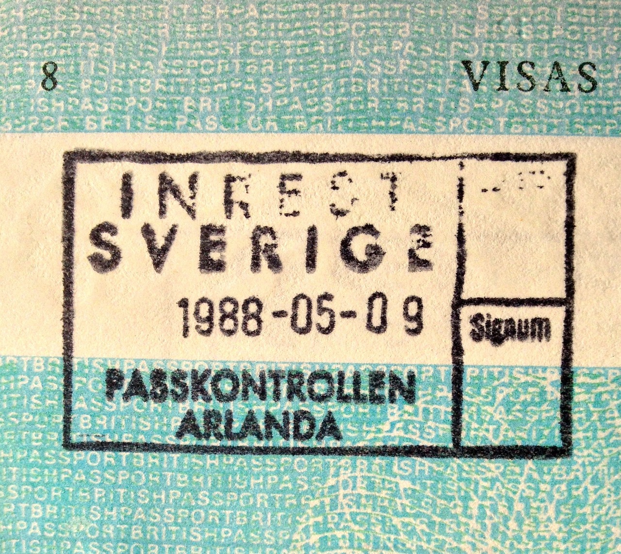 Inresestämpel från passkontrollen på Arlanda 1988. Pixabay. 